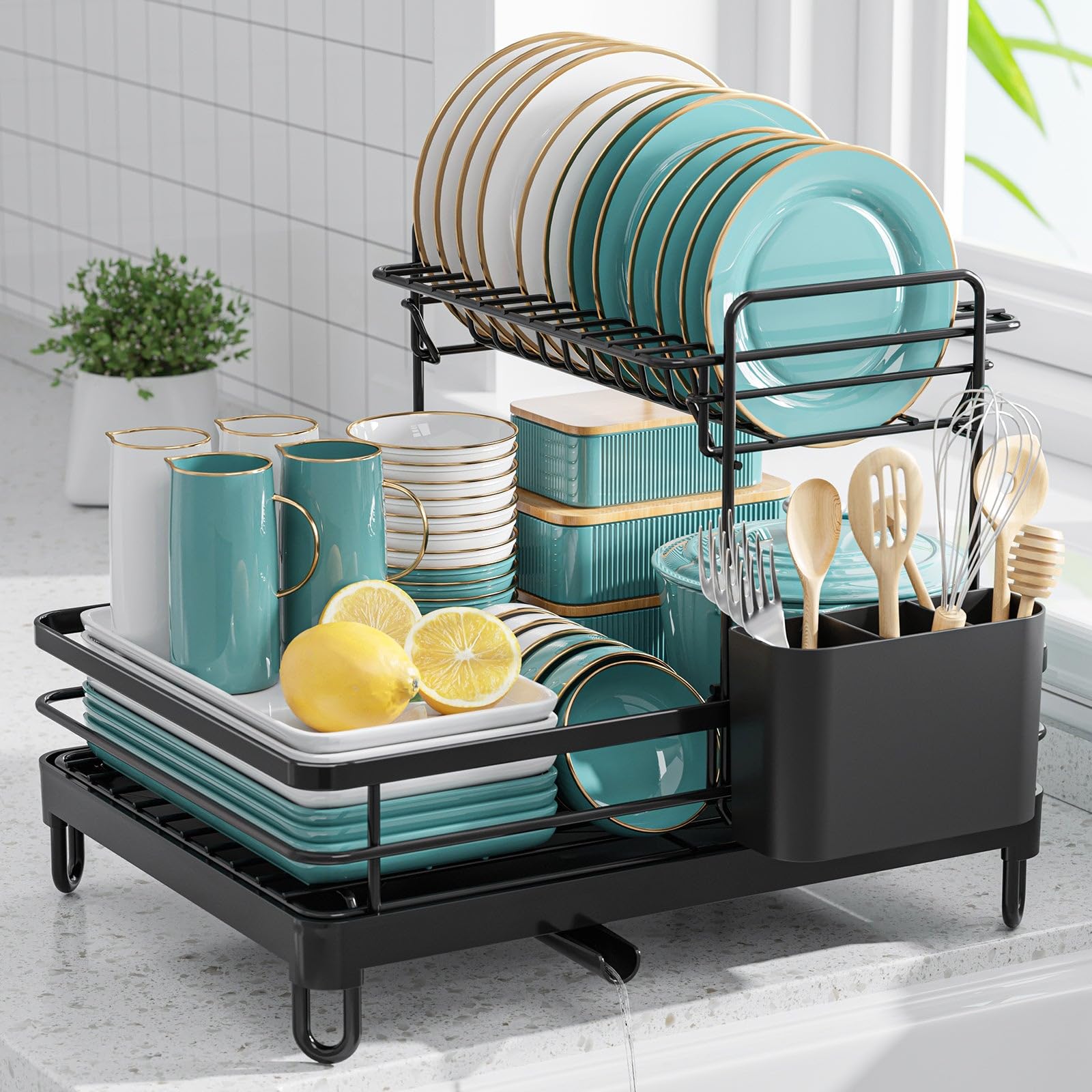 Dish Rack 2-tier stainless steel drip tray utensil holder